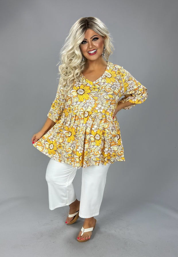 44 PQ {Pure Of Heart} Golden Yellow Floral Print Babydoll Top EXTENDED PLUS SIZE 3X 4X 5X