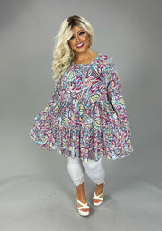 41 PLS {Make A Few Calls} Fuchsia Teal Multi Print Tiered Tunic EXTENDED PLUS SIZE 3X 4X 5X