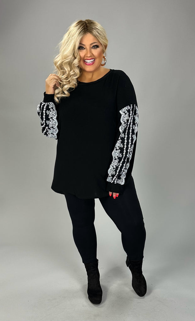 88 SD {Won't Compromise} Black Top w/ Lace Detailed Sleeves PLUS SIZE XL 2X 3X