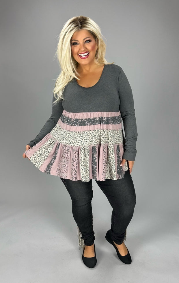 94 CP-D {All I Can See} Charcoal Print Tiered Top PLUS SIZE XL 2X 3X