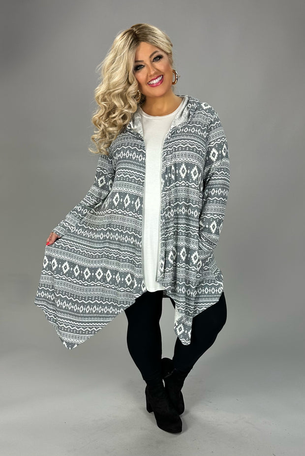 52 OT {Wander Along} Grey Tribal Print Ribbed Cardigan EXTENDED PLUS SIZE 4X 5X 6X