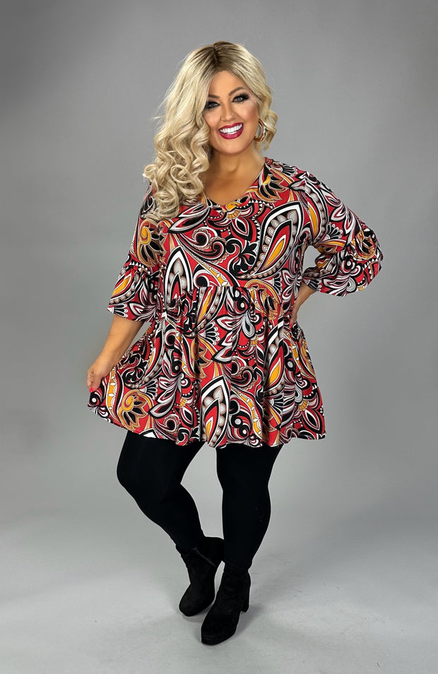 69 PSS {Profess Your Love} Red/Mustard Paisley Babydoll V-Neck Top EXTENDED PLUS SIZE XL 2X 3X 4X 5X