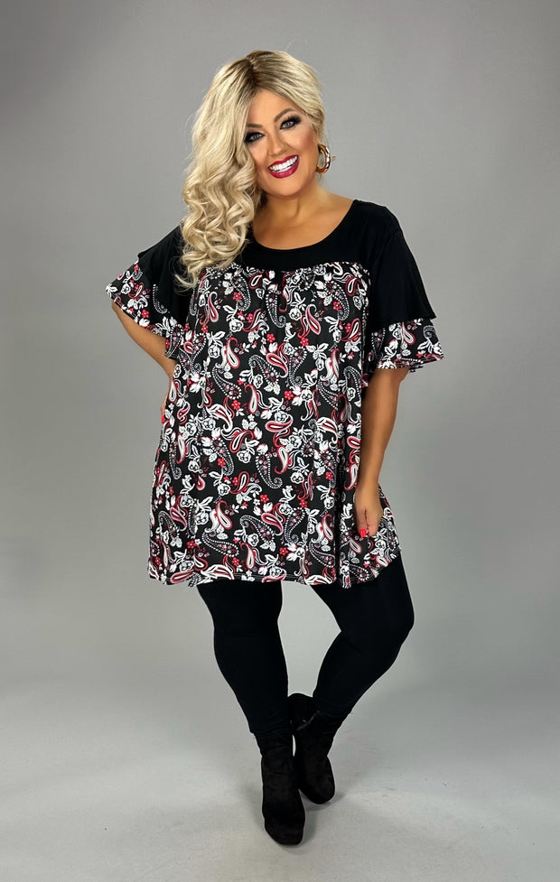 35 CP {Thrill Of Victory} Black/Red Paisley Print Top EXTENDED PLUS SIZE 3X 4X 5X