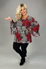 81 PQ {Chasing Perfection} Black/Red Mixed Print Ruffle  Sleeve Top EXTENDED PLUS 4X 5X 6X