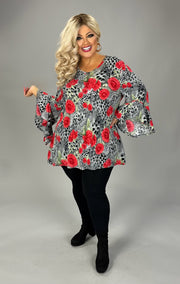 80 PQ {Honest Intentions} Grey/Red Animal & Rose Print Ruffle Sleeve Top  EXTENDED PLUS 4X 5X 6X