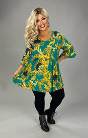 76 PSS {No Complaints} Jade/Gold Print Babydoll Tunic EXTENDED PLUS SIZE 3X 4X 5X