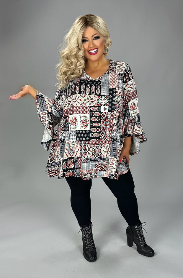 42 PQ {Something To See} Black/Ivory Mixed Print V-Neck Top  EXTENDED PLUS SIZE 4X 5X 6X