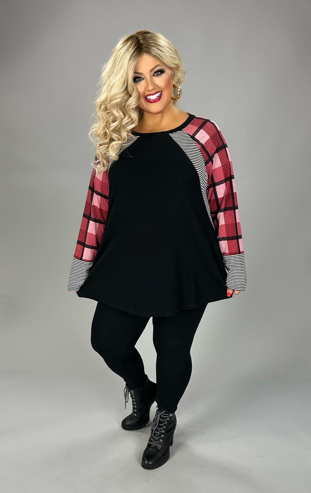 26 CP {Rewriting The Rules} Black/Red Plaid & Striped Contrast Top PLUS SIZE XL 2X 3X