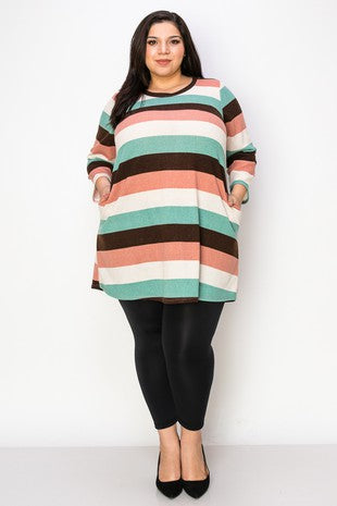 43 PLS {Embracing Cozy} Sage/Brown/Pink Striped Tunic EXTENDED PLUS 4X 5X 6X