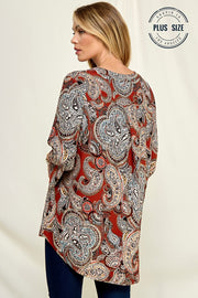 48 PQ {Shades Of Autumn} Rust/Brown Paisley Collared V-Neck Top PLUS SIZE 1X 2X 3X