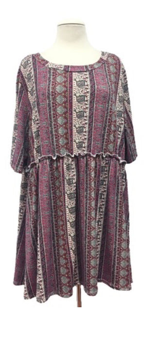 99 PSS {Change Of Pace} Burgundy/Taupe Printed Stripe Babydoll Top EXTENDED PLUS SIZE 3X 4X 5X