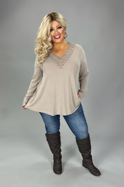 32 SD {Bit Of Style} Mocha Top w/Lace V-Neck PLUS SIZE 1X 2X 3X