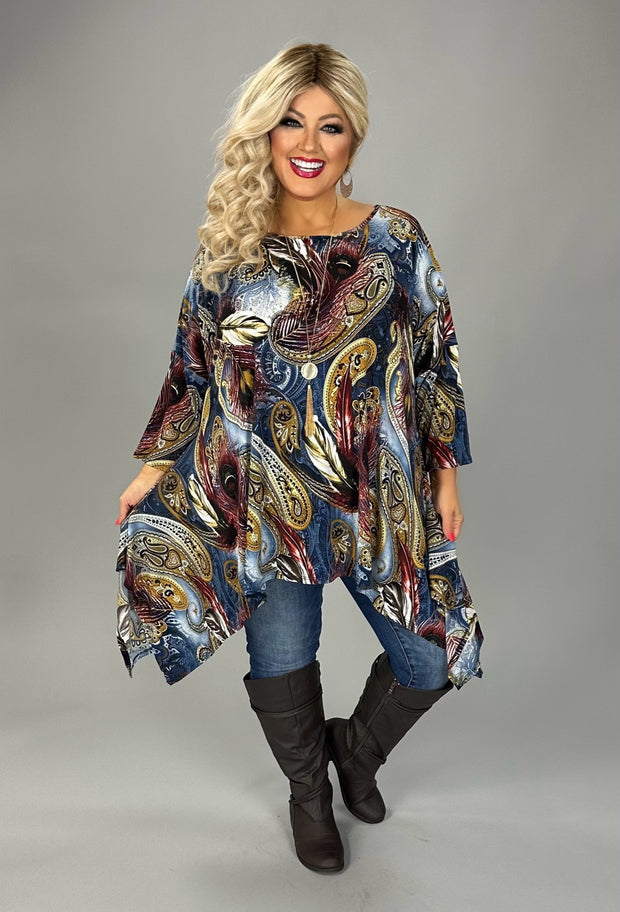 31 PQ {Expect The Best} Navy Paisley Feather Print Top EXTENDED PLUS SIZE 3X 4X 5X (True to Size}