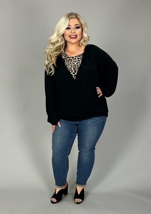 61 SD-A {Just A Little Leopard} Black/Leopard Print Top PLUS SIZE 1X 2X 3X