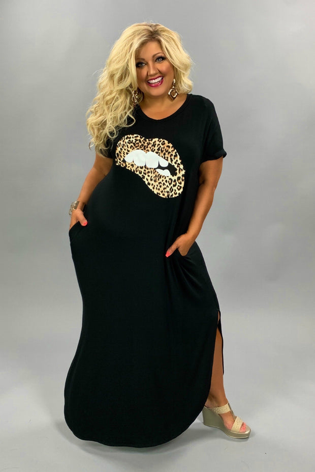 SALE!! LD-Y {Leopard Queen}  Black Maxi Dress with Leopard  Lips CURVY BRAND!! PLUS SIZE 1X 2X 3X  (May Size Down 1 Size)