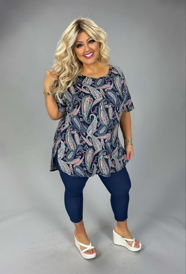 30 PSS {Picture Perfect} Navy Pink Paisley Print Side Slit Top EXTENDED PLUS SIZE 4X 5X 6X