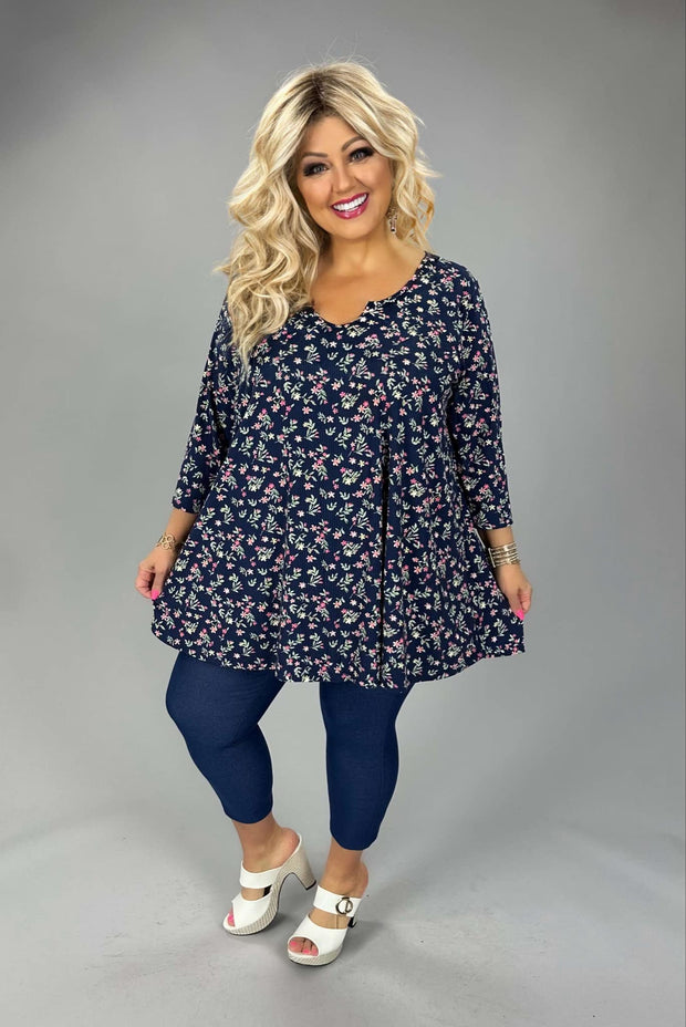 36 PQ {Watch Me Bloom} Navy Floral Ribbed Top EXTENDED PLUS SIZE 4X 5X 6X