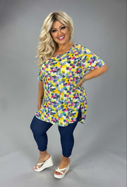 51 PSS {Windswept Wishes} Blue Yellow Print Side Slit Top EXTENDED PLUS SIZE 4X 5X 6X