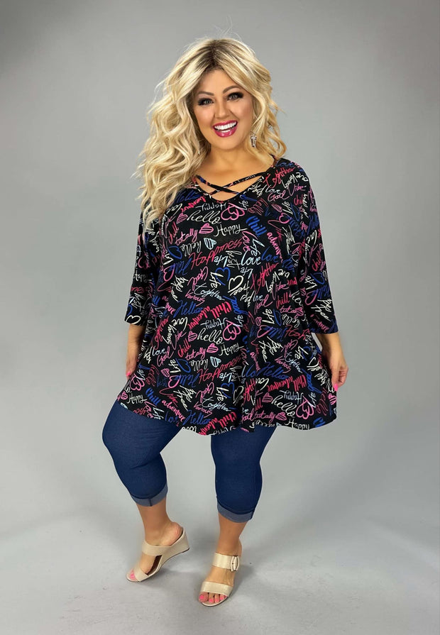 49 PQ {Hello Love} Black Script Print Neck Detail Tunic EXTENDED PLUS SIZE 4X 5X 6X