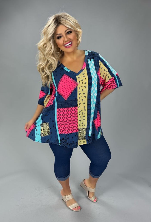 30 PSS {Light In The Darkness} Navy Hot Pink Patchwork Top EXTENDED PLUS SIZE 3X 4X 5X 6X