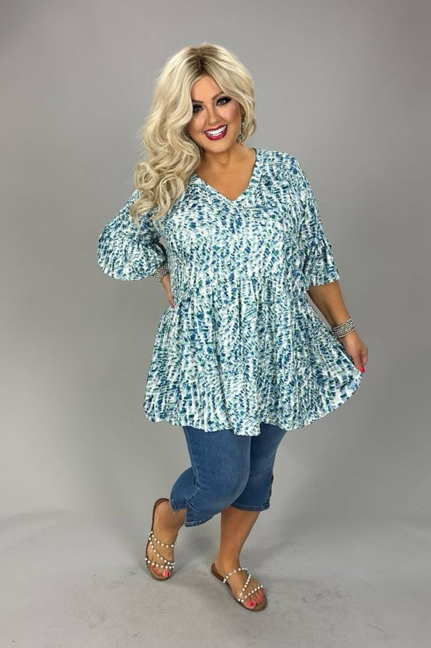 24 PSS {Now Or Never} Blue Green Square Print Babydoll Top EXTENDED PLUS SIZE 3X 4X 5X