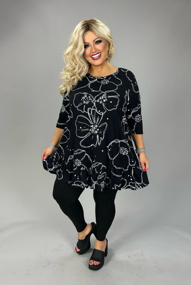 22 PSS {Wait A Minute} Black White Big Flower Print Ruffle Hem Top EXTENDED PLUS SIZE 3X 4X  5X