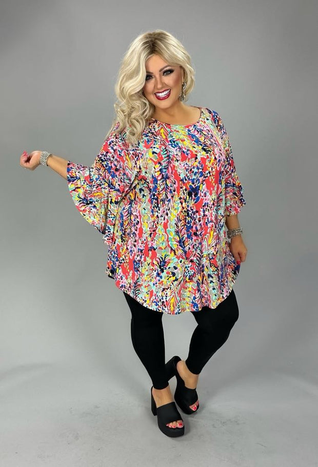 59 PSS {Enchanting Moments} Red Multi Ruffle Sleeve Top EXTENDED PLUS 3X 4X 5X