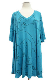 SALE!! 25 PSS {French Inspired} Teal Print V-Neck Top EXTENDED PLUS SIZE 3X 4X 5X