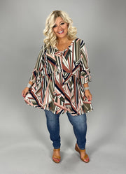 85 PQ {Falling Fast} Olive/Pink/Rust Printed Babydoll Top EXTENDED PLUS 3X 4X 5X