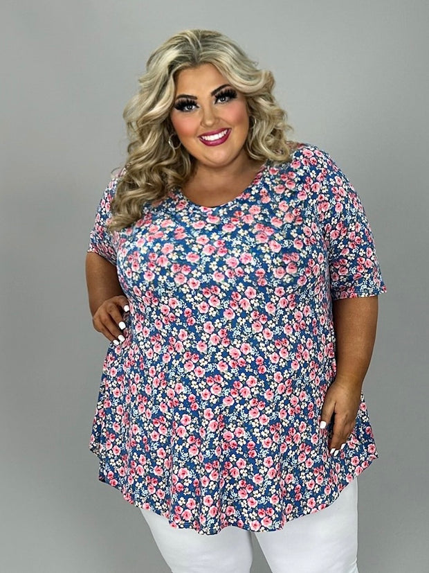 35 PSS {Always Yours} Blue/Pink Floral Print V-Neck Top EXTENDED PLUS SIZE XL 2X 3X 4X 5X