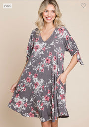 SALE!! 46 PSS-J {Highier Standards} Grey Floral V-Neck Dress PLUS SIZE 1X 2X 3X