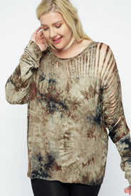 33 PLS {Crossing Boundaries} VOCAL Brown Tie Dye Cut-Out Top PLUS SIZE XL 2X 3X