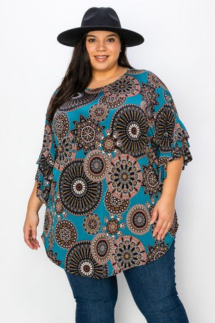 37 PQ {Time After Time} Teal Mandala Print Tunic EXTENDED PLUS SIZE 3X 4X 5X