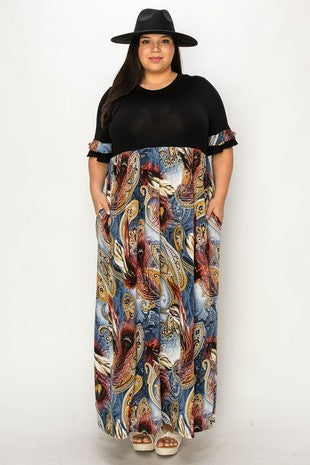 LD-J {A True Friend} Black Peacock Feather Print Maxi Dress EXTEN