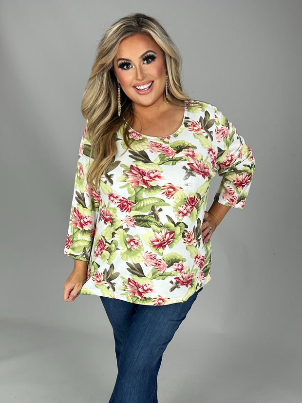 SALE!! PQ M-109 {The Forest Awaits} Ivory/Green Floral Print Top PLUS SIZE 1X