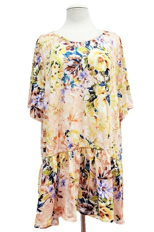 58 PSS {Stylish Dream} Lt. Peach Floral Top w/Ruffle Hem EXTENDED PLUS SIZE 3X 4X 5X