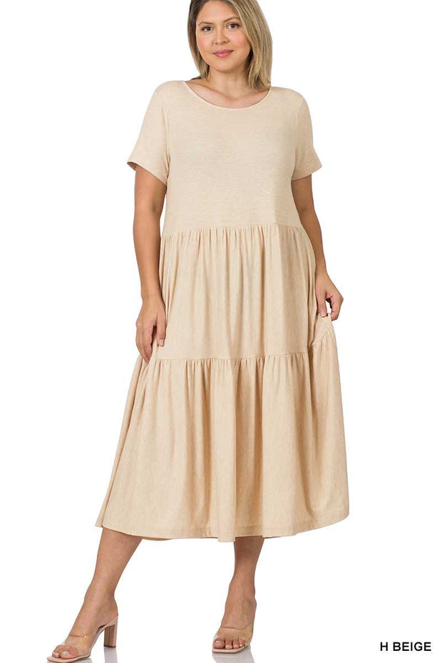 SALE!! LD-C {Wardrobe Classic} Heather Beige Tiered Midi Dress PLUS SIZE 1X 2X 3X