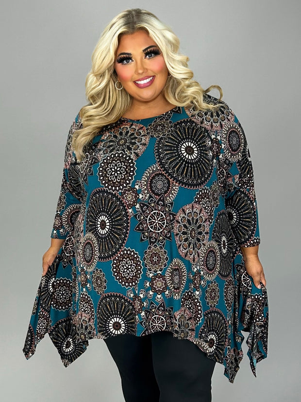 30 PQ {Full Glam} Teal Mandala Print Asymmetrical Top EXTENDED PLUS SIZE 3X 4X 5X (True to Size)