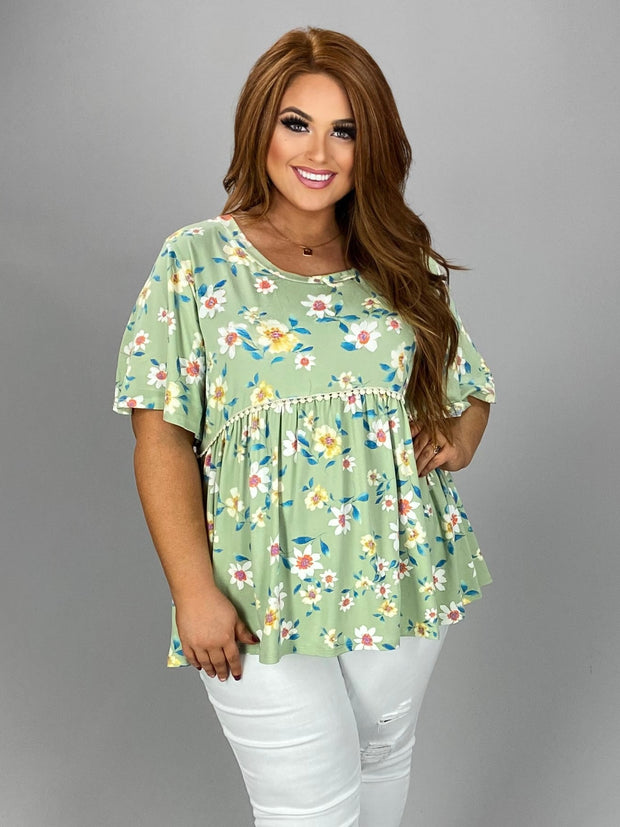 93 PSS-I {Wildflower} SAGE Floral Babydoll Top PLUS SIZE 1X 2X 3X