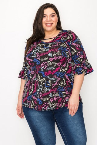 49 PQ {Hello Love} Black Script Print Neck Detail Tunic EXTENDED PLUS SIZE 4X 5X 6X