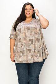 47 PSS {Cappuccino Shops} Taupe Patchwork V-Neck Top EXTENDED PLUS SIZE 3X 4X 5X