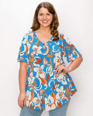 59 PSS {Floral Attitude} Blue Orange Floral V-Neck Top EXTENDED PLUS SIZE 4X 5X 6X