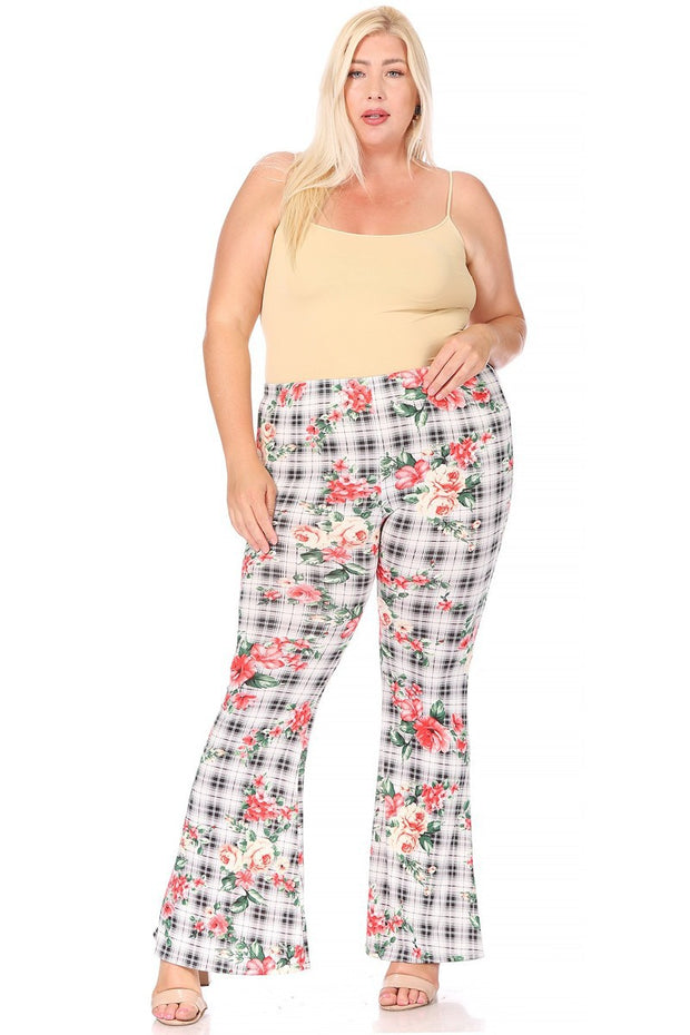 BT-H {Seeing The Beauty} Black/Ivory Plaid Floral Pants PLUS SIZE 1X 2X 3X