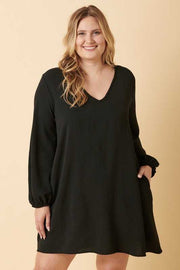 47 SQ {Taking Charge} Black V-Neck Bubble Sleeve Dress PLUS SIZE XL 1X 2X