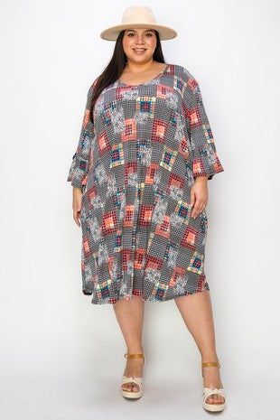 38 PQ {Meet Me Today} Black Mixed Print Checkered Dress EXTENDED PLUS SIZE 1X 2X 3X 4X 5X 6X