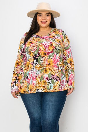 27 PLS {No Words} Gold/Mauve Floral V-Neck Top PLUS SIZE 1X 2X 3X