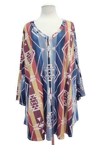 38 PQ  [Sunrise to Sunset} Blue Tan Aztec Print V-Neck Tunic  EXTENDED PLUS SIZE 3X 4X 5X