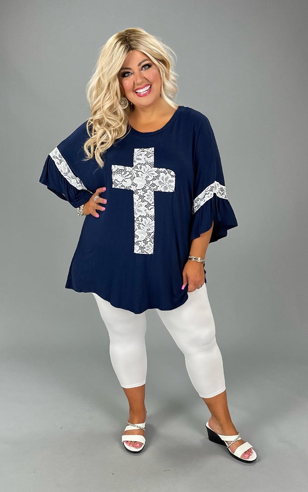 SALE!! 41 SD-T {Mighty Cross} Navy/Ivory Lace Cross & Sleeve Detail Top CURVY BRAND!!!  PLUS SIZE XL 2X 3X (May Size Down 1 Size)