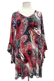 SALE!! 42 PQ {All About The Peacock} Red Peacock Feather Print Top EXTENDED PLUS SIZE 4X 5X 6X