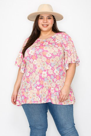 32 PSS {Good News} Pink Floral Ruffle Hem Tunic EXTENDED PLUS SIZE 4X 5X 6X